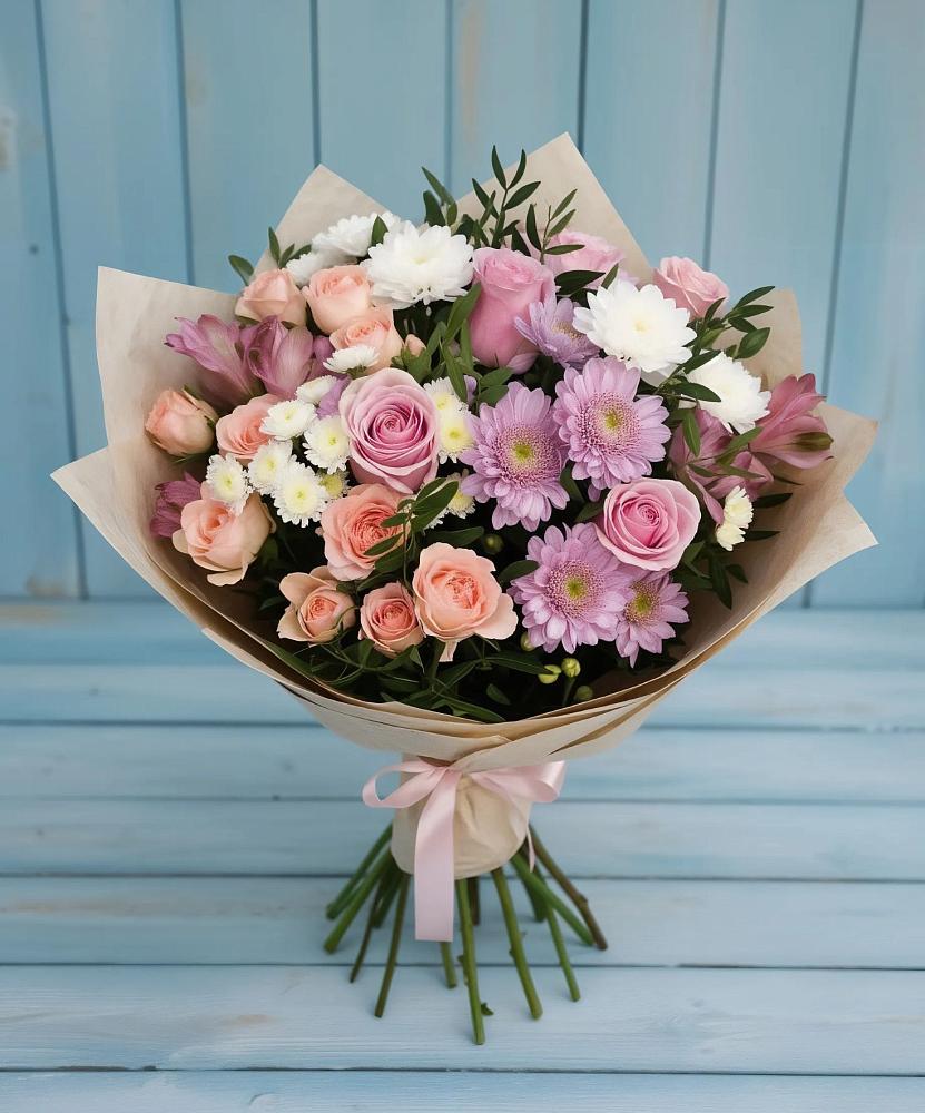 Букет цветов из: Хризантемы, Розы и Альстромерии в Марьино Курской области