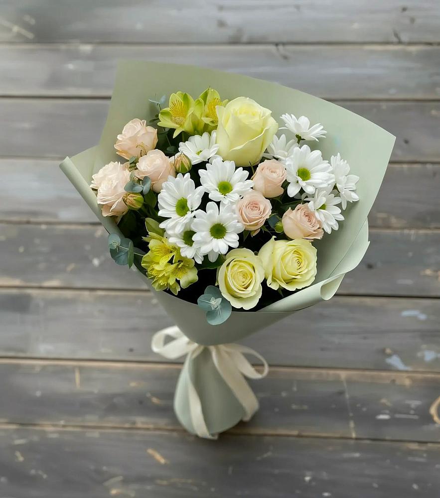 Букет цветов из: Альстромерии, Розы и Хризантемы в Марьино Курской области