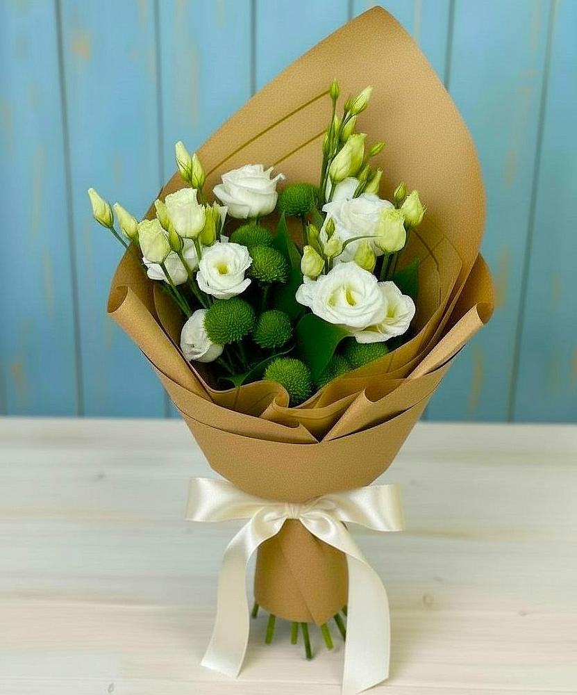 Букет цветов из: Хризантемы и Лизиантусы в Марьино Курской области