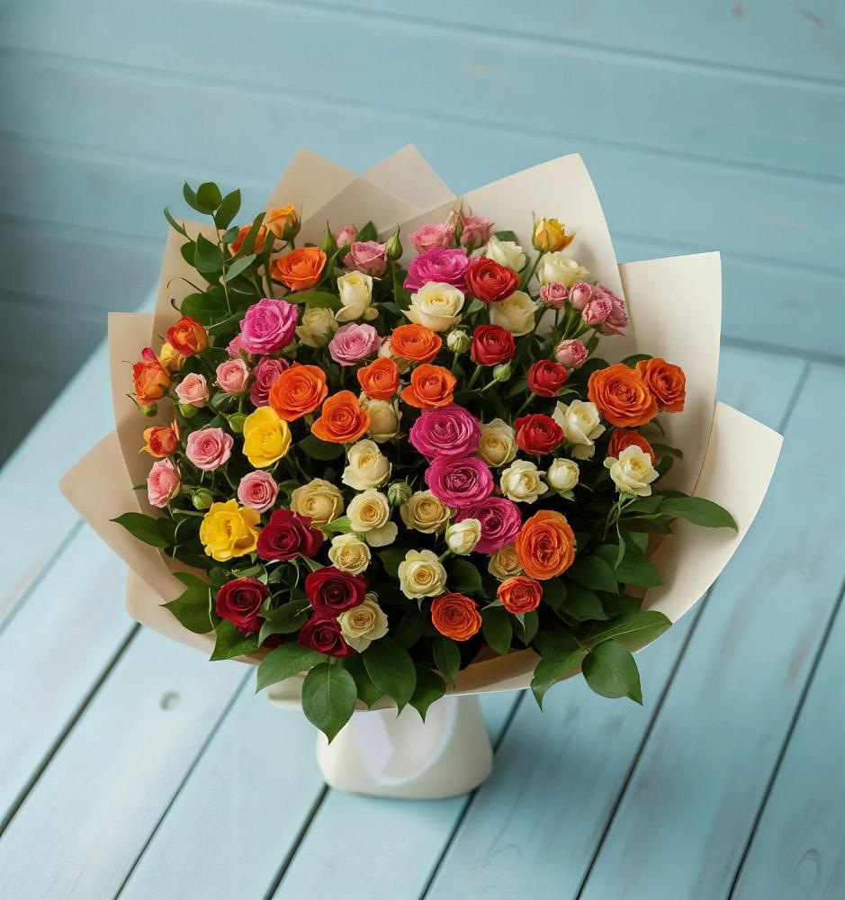Букет Микс из разноцветных кустовых роз в Марьино Курской области
