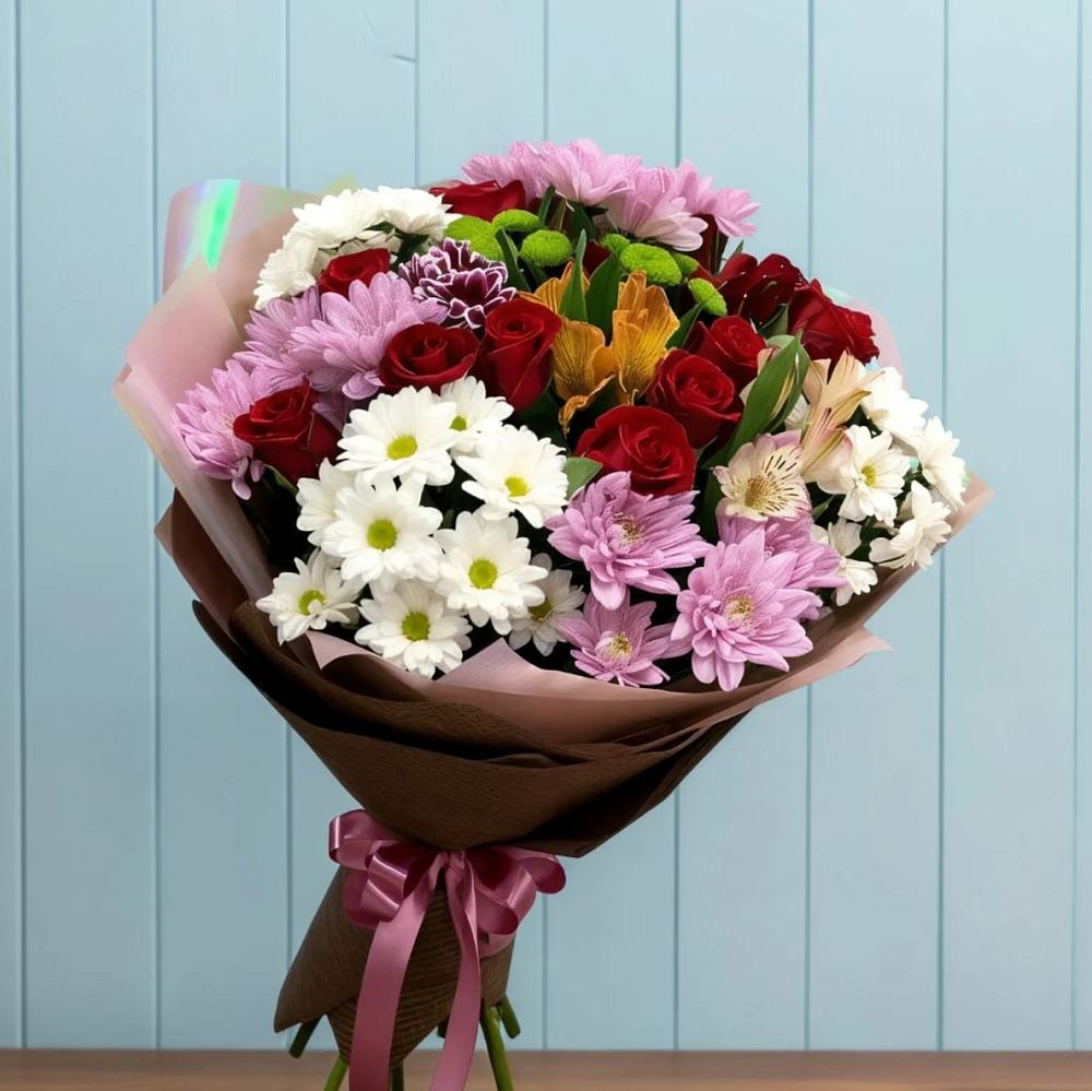Букет цветов из: Розы, Хризантемы и Альстромерии в Марьино Курской области