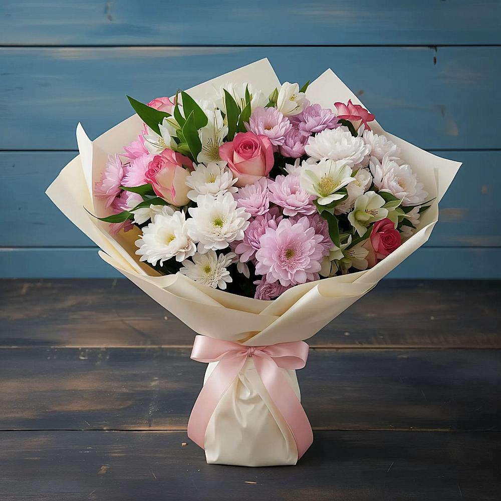 Букет цветов из: Хризантемы, Альстромерии и Розы в Марьино Курской области